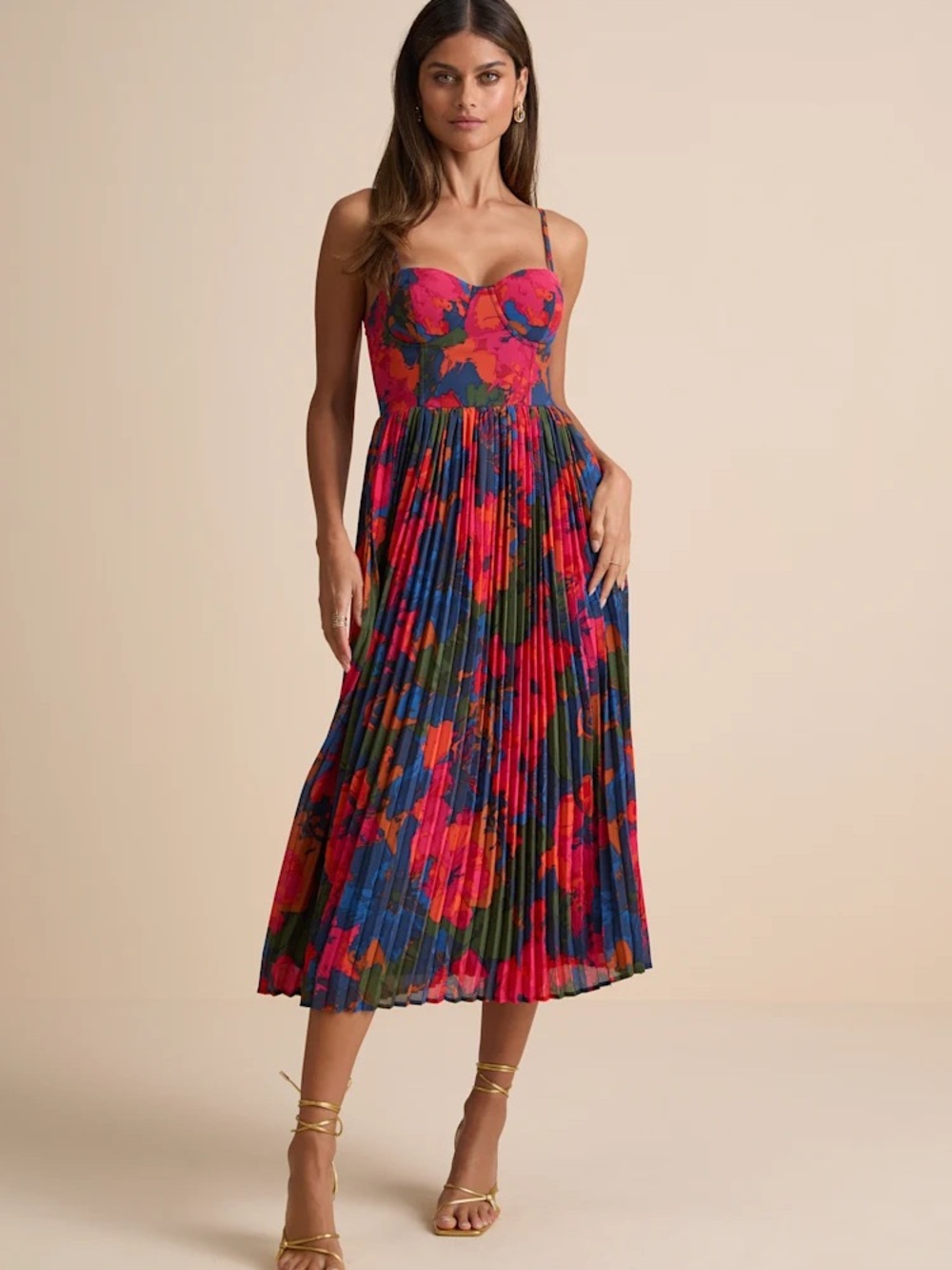 Lulus Dorothy Dark Blue Multi Floral Print Pleated Midi Dress